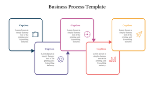 Business process diagram with five rounded square blocks linked by arrows and icons like suitcase, gear, and graph.