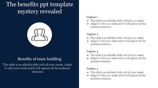 Design showing a team-building graphic icon and four caption placeholders on the right, numbered 1 to 4.