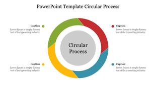 Slide showcasing a circular diagram with colored segments with four captions and placeholder text.