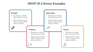 SWOT diagram for personal analysis with icons representing physical strength, failure, growth, and danger.