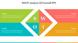 SWOT analysis slide with a diamond shaped layout and four sections each with placeholder text.
