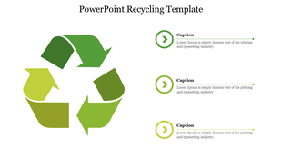 A green gradient recycling logo, with three arrows and text blocks arranged vertically on the right.