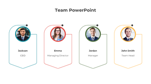 Team PowerPoint slide showcasing four team members with photos, names, and roles in individual outlined sections.