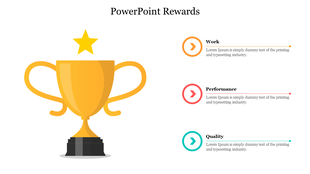 Golden trophy icon for reward with a star above, and three colored caption areas labeled work, performance, and quality.