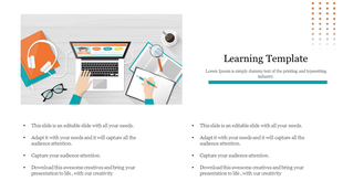 Learning focused slide with an illustration of a desk setup, including a laptop and writing materials, alongside text areas.