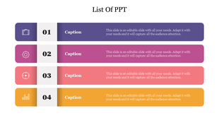 Four horizontal numbered bars in purple, pink, peach, and yellow with icons on the left and captions.