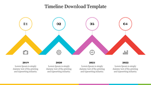Colorful timeline with four segments, each labeled with a year from 2019 to 2022 and featuring corresponding icons.