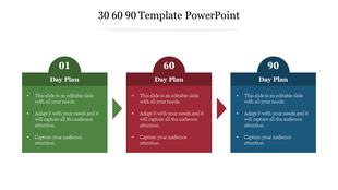 Slide with three sections in green, red, and blue, displaying a 30, 60, 90 day plan in circular shapes connected by arrows.