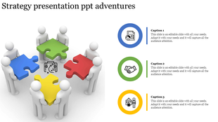 Group of white figures assembling red, blue, green, and yellow puzzle pieces, with three captioned icons on the right.