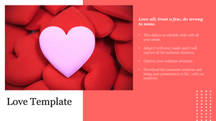 Presentation slide with a love theme, displaying a pink heart surrounded by red hearts and a quote on the right.