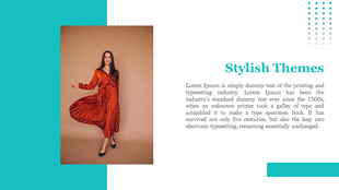 Stylish presentation slide with a bright turquoise background, featuring a model in a red dress and text on the right.