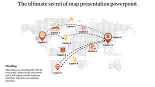 World map PPT slide with locations marked by icons and captions, showing different points on the map with descriptions.