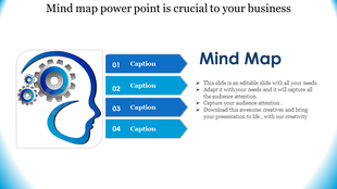Slide layout with a gear filled head illustration and four horizontal blue arrows for captions beside it.