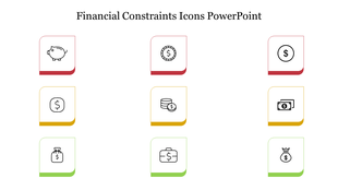 Financial constraints icon set in PowerPoint featuring symbols of piggy banks, coins, and money bags with colored borders.