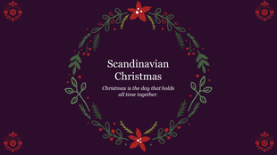 Minimalist Scandinavian Christmas slide with wreath, red flowers, and festive ornaments in corners on a dark background.