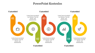 PowerPoint kostenlos with circular arrows in orange, green, red, teal, and yellow, with icons, arranged horizontally.