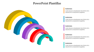 PowerPoint Plantillas featuring rainbow-shaped progress steps and five descriptive text sections placed in white backdrop.