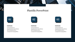 Plantilla PowerPoint slide layout with three blue blocks, each featuring a number and subtitle, and a city skyline backdrop.