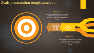 A goals presentation template featuring a target, trophy, and arrow, with two goals highlighted in the text.