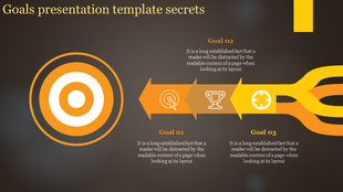 Three step goals infographic with arrows and icons for analysis, achievement, and progress, ending at a orange target.