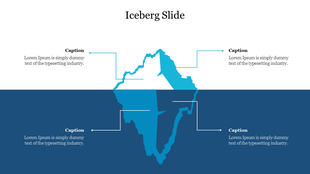PowerPoint iceberg slide with text captions representing surface and hidden aspects, symbolizing layered concepts.