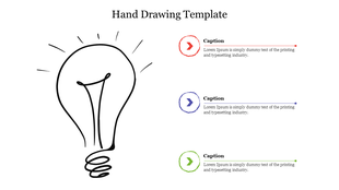 Minimalistic PowerPoint slide featuring a hand drawn light bulb sketch with three caption areas for text.