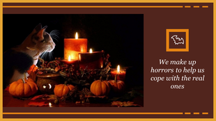 Halloween scene with a cat beside candles, mini pumpkins, and autumn leaves on a dark background, with a bat icon and quote.