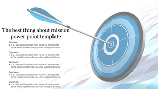 Mission PowerPoint template with a dartboard image and blue tones, symbolizing focus and goal achievement.