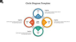 PowerPoint circle diagram with four steps, colorful icons representing different processes, and a central title section.