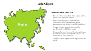 Green outline map of Asia with facts about the continent, highlighting population, time zones, and the origin of the name.