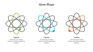 Three atom models, each with different colored orbit paths in green, blue, and orange, centered under the title.
