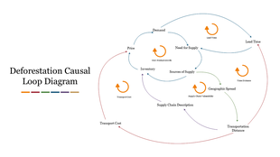 Causal diagram on deforestation with interconnected loops, arrows, and orange circular feedback icons.