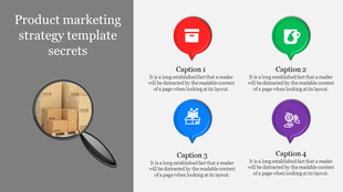 Product marketing slide with a magnifying glass over boxes and four colorful caption bubbles on the right.
