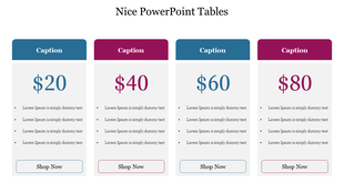 PowerPoint table layout with pricing options in alternating blue and purple, featuring captions and shop now buttons.
