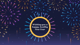 Bright fireworks on a dark background with a New Year greeting in the center.