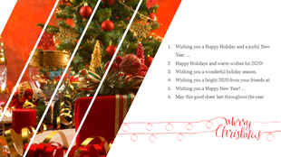 Holiday slide with a background of Christmas gifts, ornaments, and decorations, by a list of New Year and Christmas wishes.
