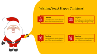 A festive Christmas PowerPoint template featuring an animated Santa Claus with a yellow background and four caption boxes.