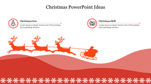Christmas slide with two illustrated icons and text, and Santa sleigh, accented by a snowflake border and gentle red waves.