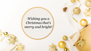 A festive Christmas PowerPoint slide with golden ornaments and ribbon, wishing a merry and bright holiday season.