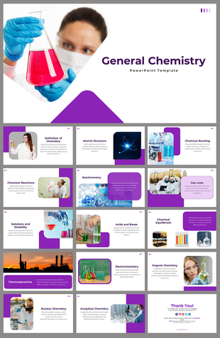 Slide deck featuring chemistry lab scenes, with test tubes, scientists, and molecular diagrams in purple and white layout.