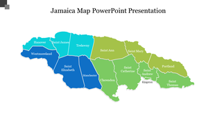 A colorful map of Jamaica highlighting its parishes with labeled areas, showcasing many regions from hanover to saint thomas.