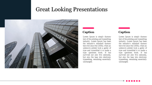 Business slide layout with an architectural photo of  skyscrapers, two caption areas, and a clean white and navy design.