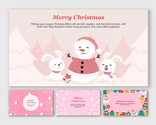Set of four pink Christmas greeting slides, including a snowman with rabbits, snowflake backgrounds, and festive icons.
