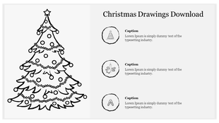 A black and white slide drawing of a decorated Christmas tree with caption placeholders for text on a white backdrop.