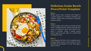 Slide featuring a healthy grain bowl with cauliflower, tomatoes, cucumbers, quinoa, and a poached egg with recipe steps.