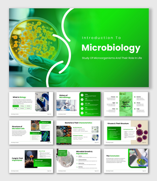 Microbiology PPT presentation with petri dish bacteria, green theme, intro title, and microorganism study layout.