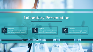 Laboratory presentation slide featuring a microscope, test tube, and flask icons, with a clean, blue tinted background.