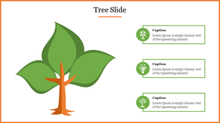 Illustration of a stylized tree with five green leaves, paired with three right aligned caption areas featuring tree icons.