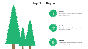 Tree diagram slide with tall green pine shapes on the left and three green caption icons with text stacked on the right.