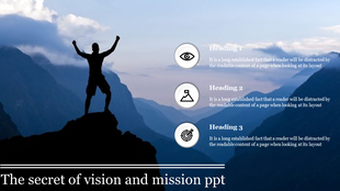 Silhouette of a person on a blue mountain peak with three circular icons and text aligned to the right.
